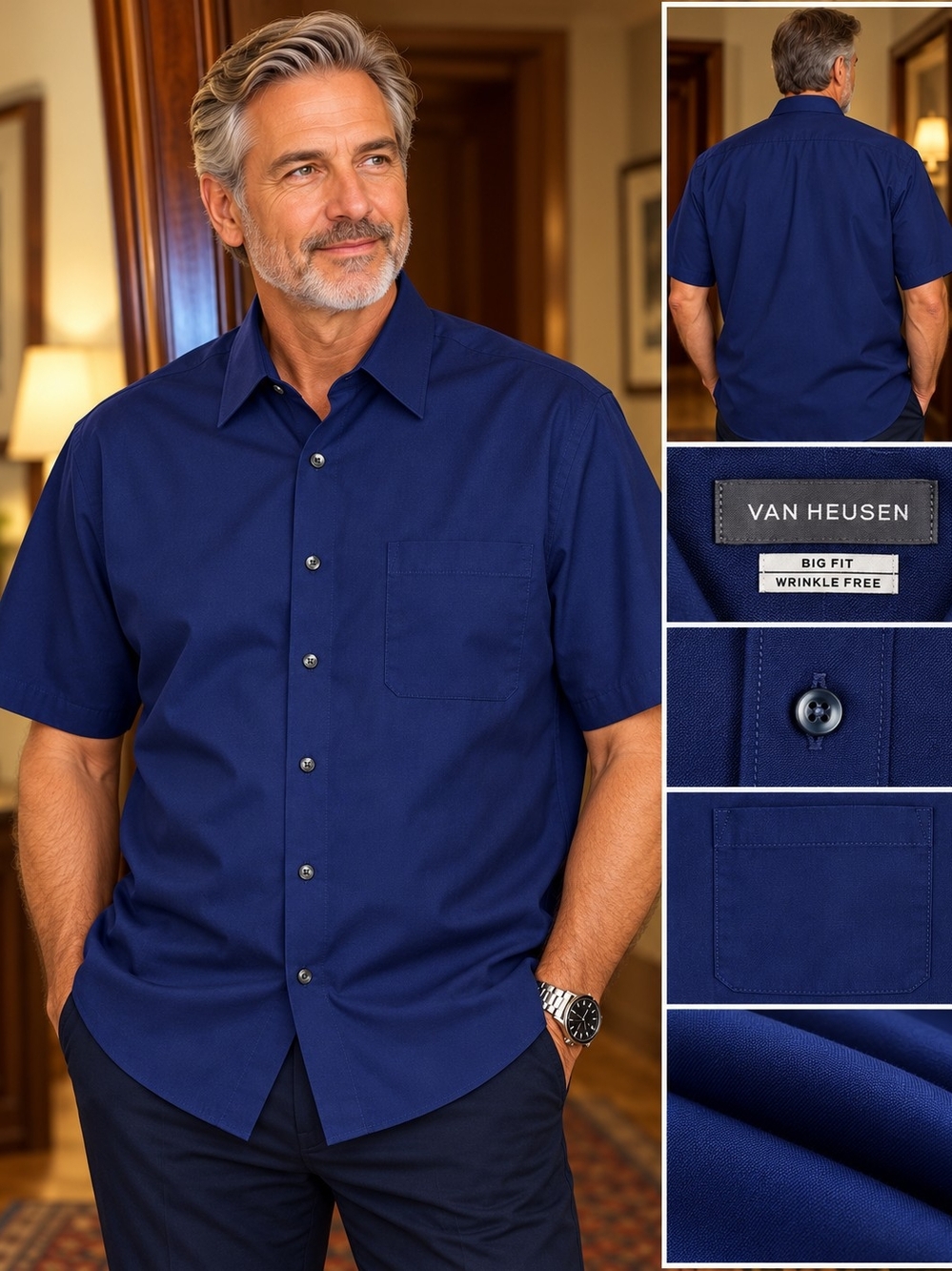 Van Heusen Big Fit Wrinkle Free Navy Short Sleeve Shirt Size 22